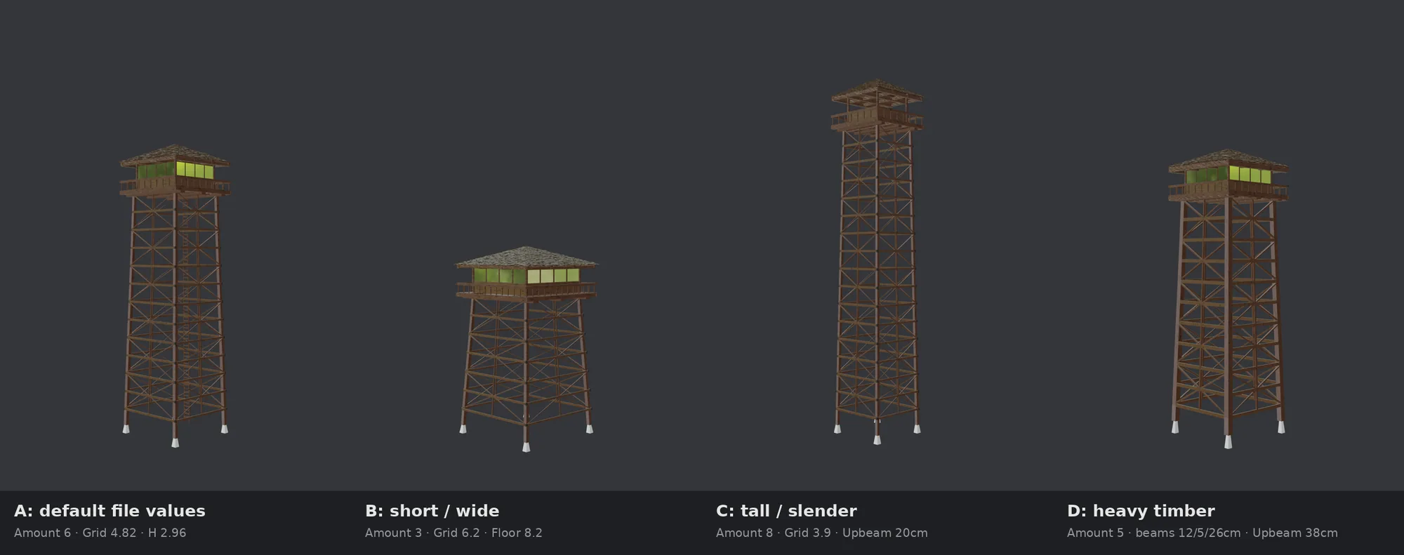 Four towers from the same file, only modifier values changed
